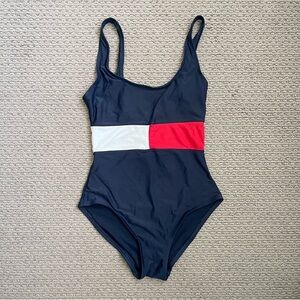 Navy One-Piece Swimsuit with Red and White Stripe